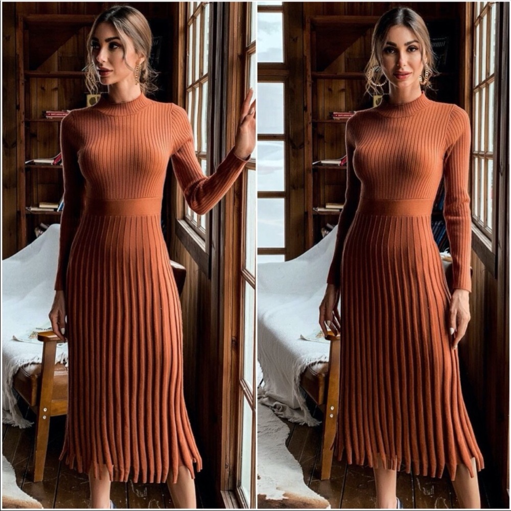 Fall Ribbed Knit Sweater Dress RUST - Picture 2 of 4